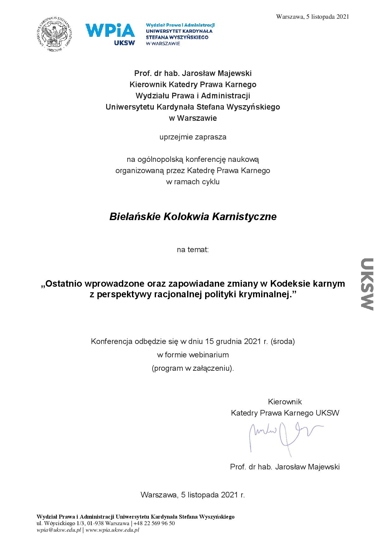 XVIII Bielanskie Kolokwium Karnistyczne - zaproszenie od Kierownika Katedry 2021-page-001.jpg